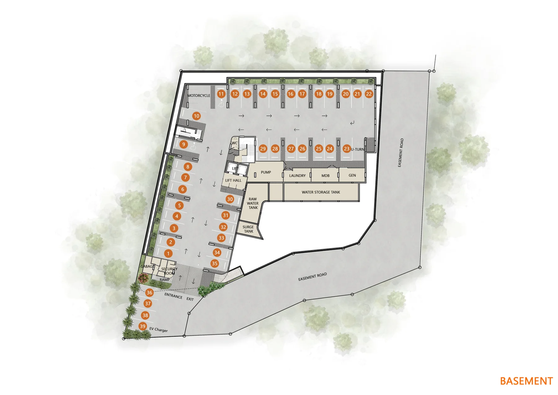 Basement: parking, EV charger, technical rooms