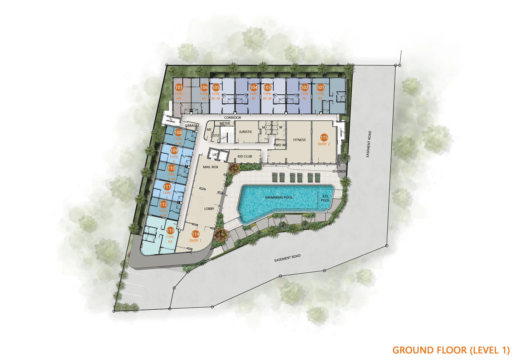 Floor 1: lobby, retail, garden units