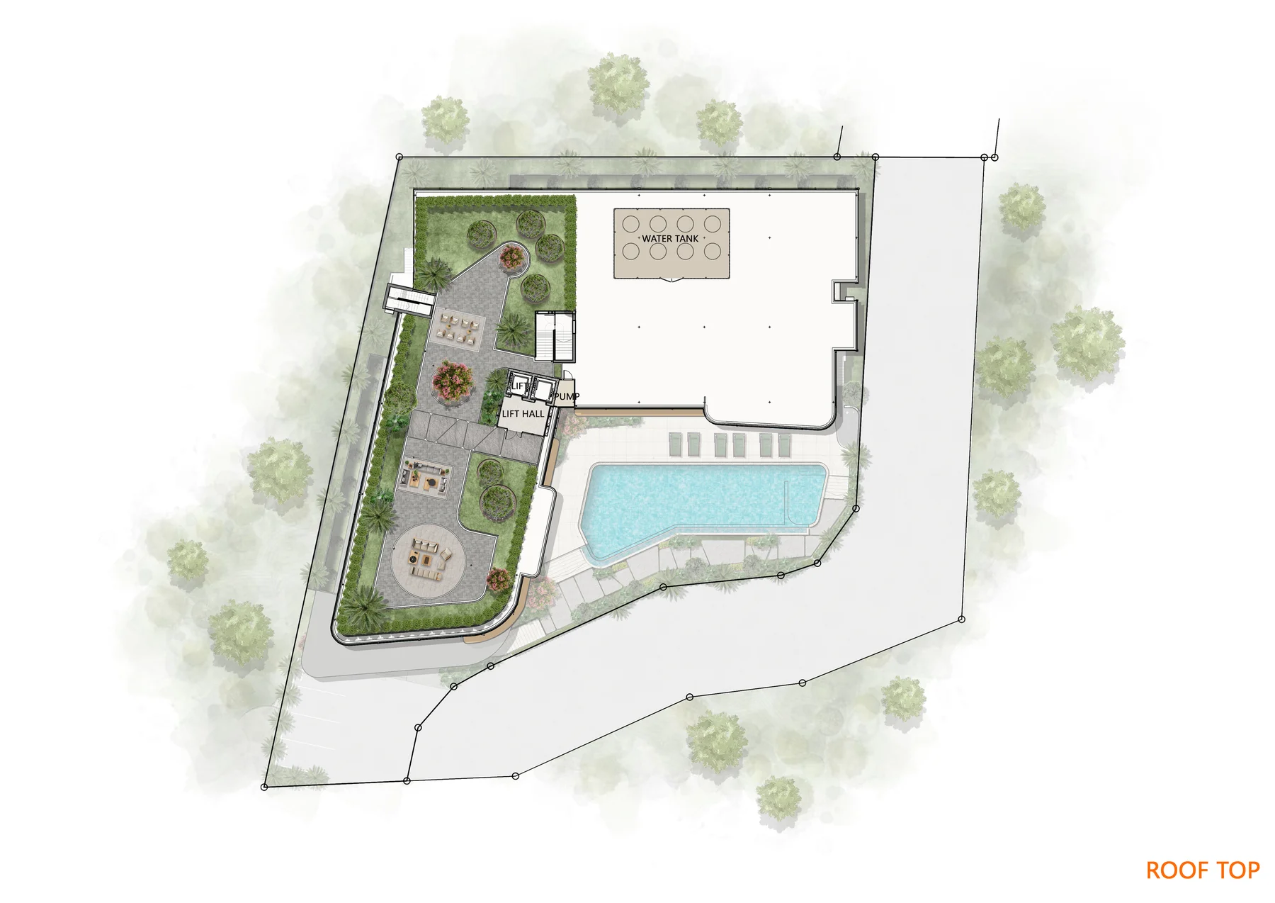 Rooftop: garden, lounge pavilion, yoga deck