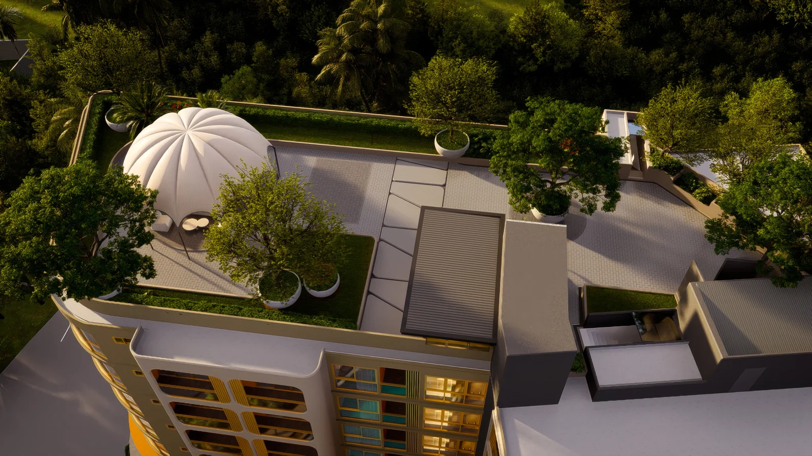 Top-down view of the rooftop garden