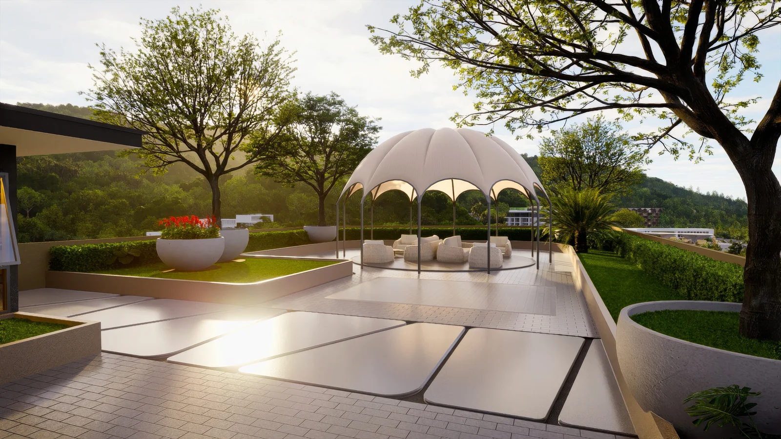 Rooftop lounge pavilion at sunset