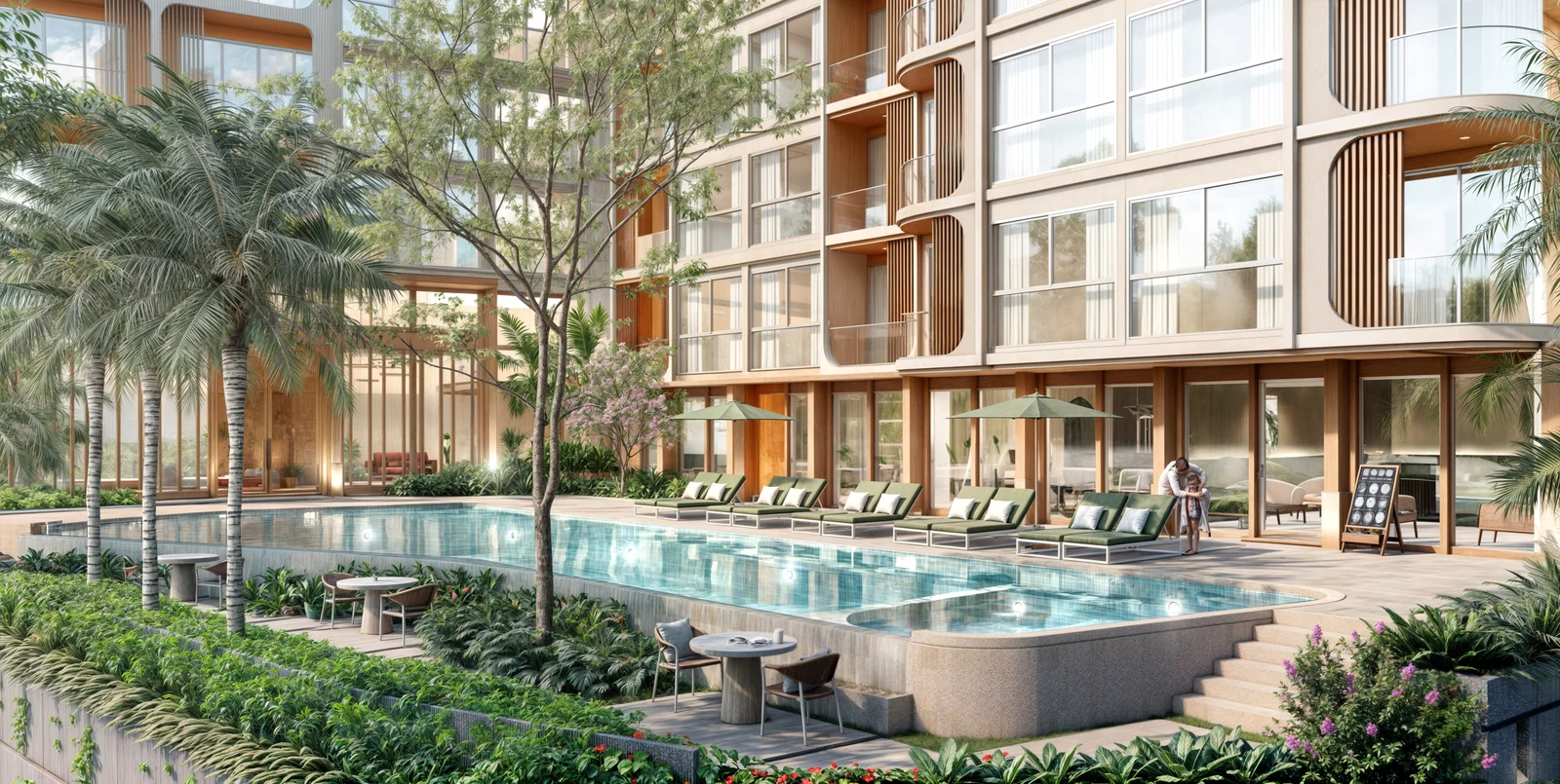 Courtyard lap pool between the building wings