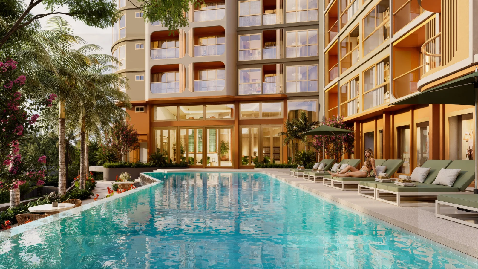 Pool deck at golden hour below the balconies