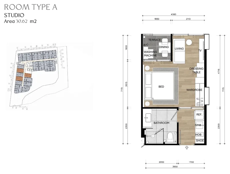 Type A, Studio, 30.62 m² floor plan
