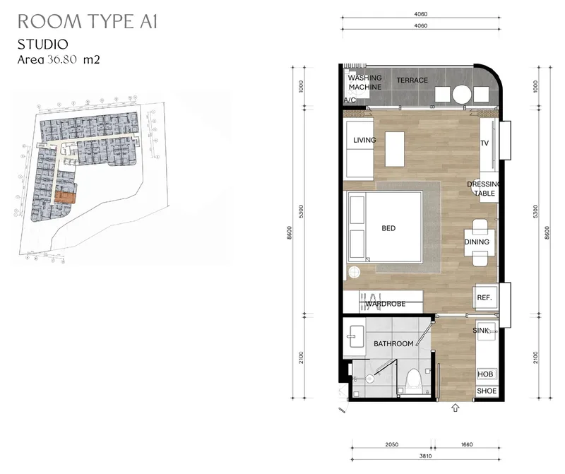 Type A1, Studio, 36.80 m² floor plan