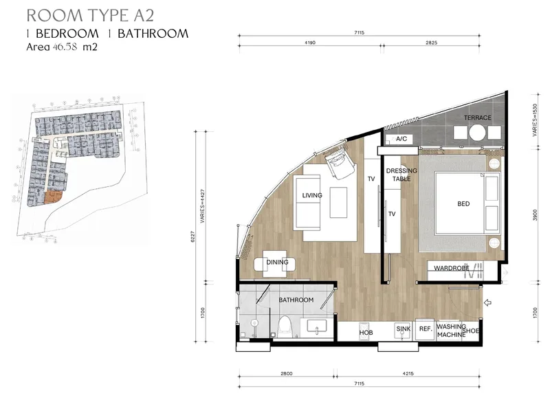 Type A2, 1 bedroom, 46.58 m² floor plan