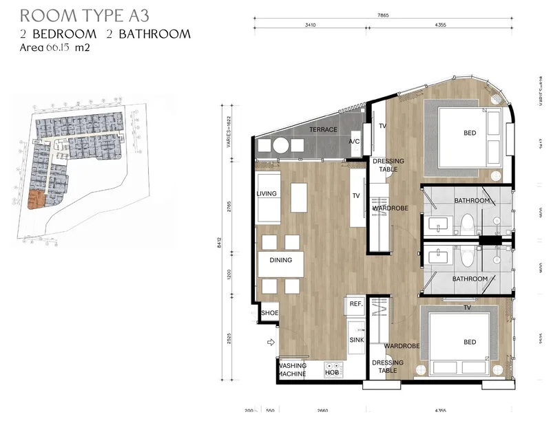 Type A3, 2 bedrooms, 66.15 m² floor plan