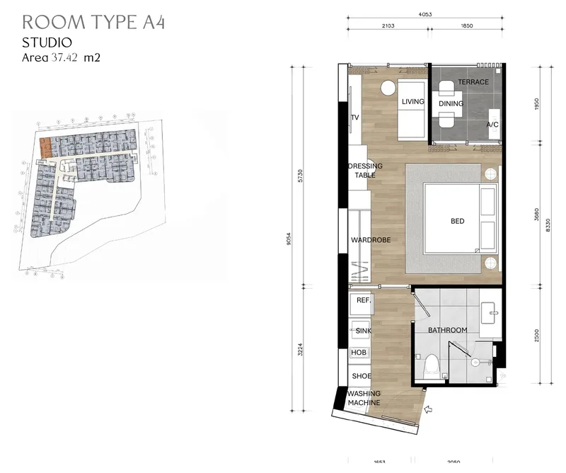 Type A4, Studio, 37.42 m² floor plan