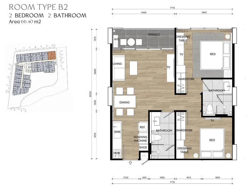 Type B2, 2 bedrooms, 66.40 m² floor plan
