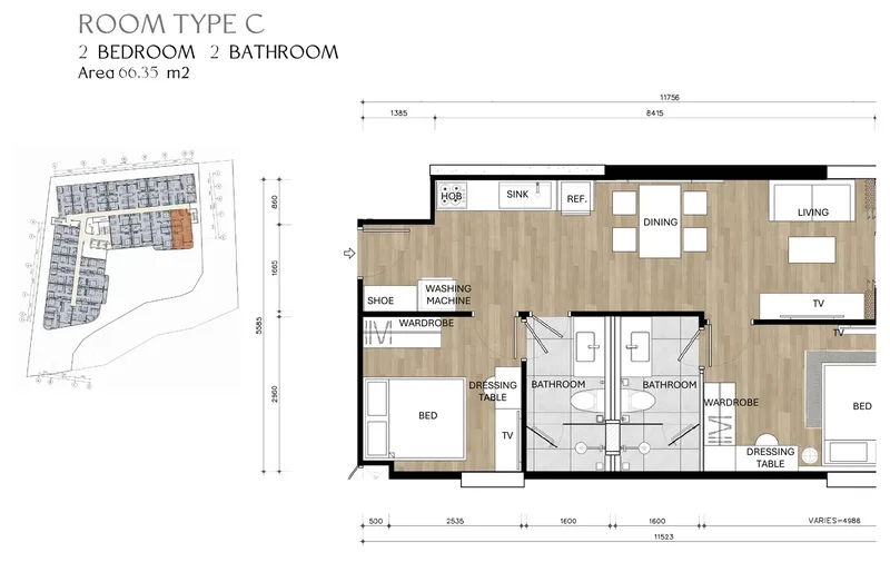 Type C, 2 bedrooms, 66.35 m² floor plan
