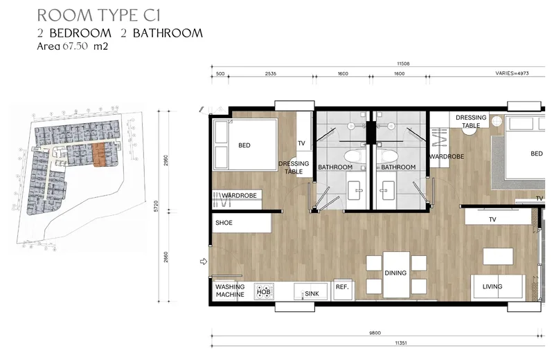 Type C1, 2 bedrooms, 67.50 m² floor plan